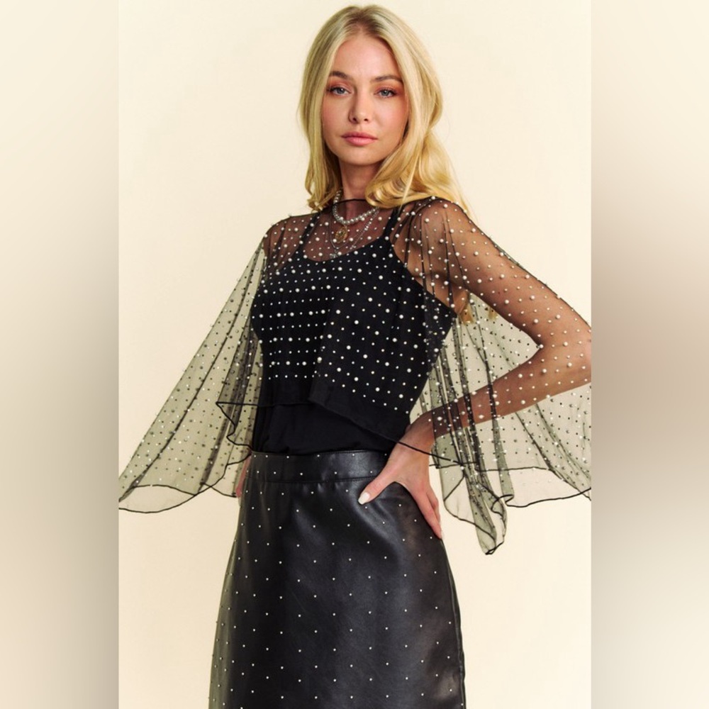 265B. Pearl Rhinestone Embellished Mesh Topper Cape - Black